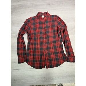 J Crew Women's Red Plaid Flannel Top Small Cotton Long Sleeve Button Down
